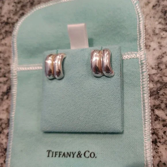 Tiffany & Co. Sterling Silver and 14K Yellow Gold Rope Stud Earrings with pouch - Picture 13 of 16